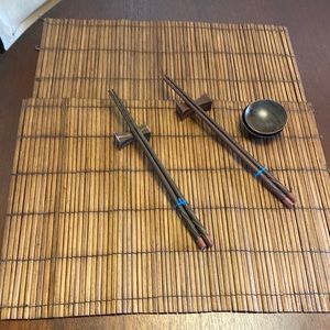 New Set of 2 bamboo placemats  2 chopsticks and wood soy sauce bowls new
